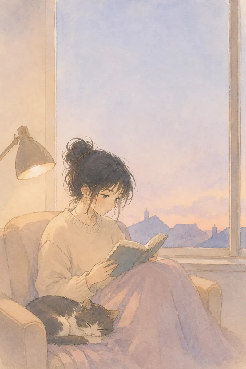 窓辺で本を読む少女と、足元でくつろぐ猫。淡い水彩の風景。